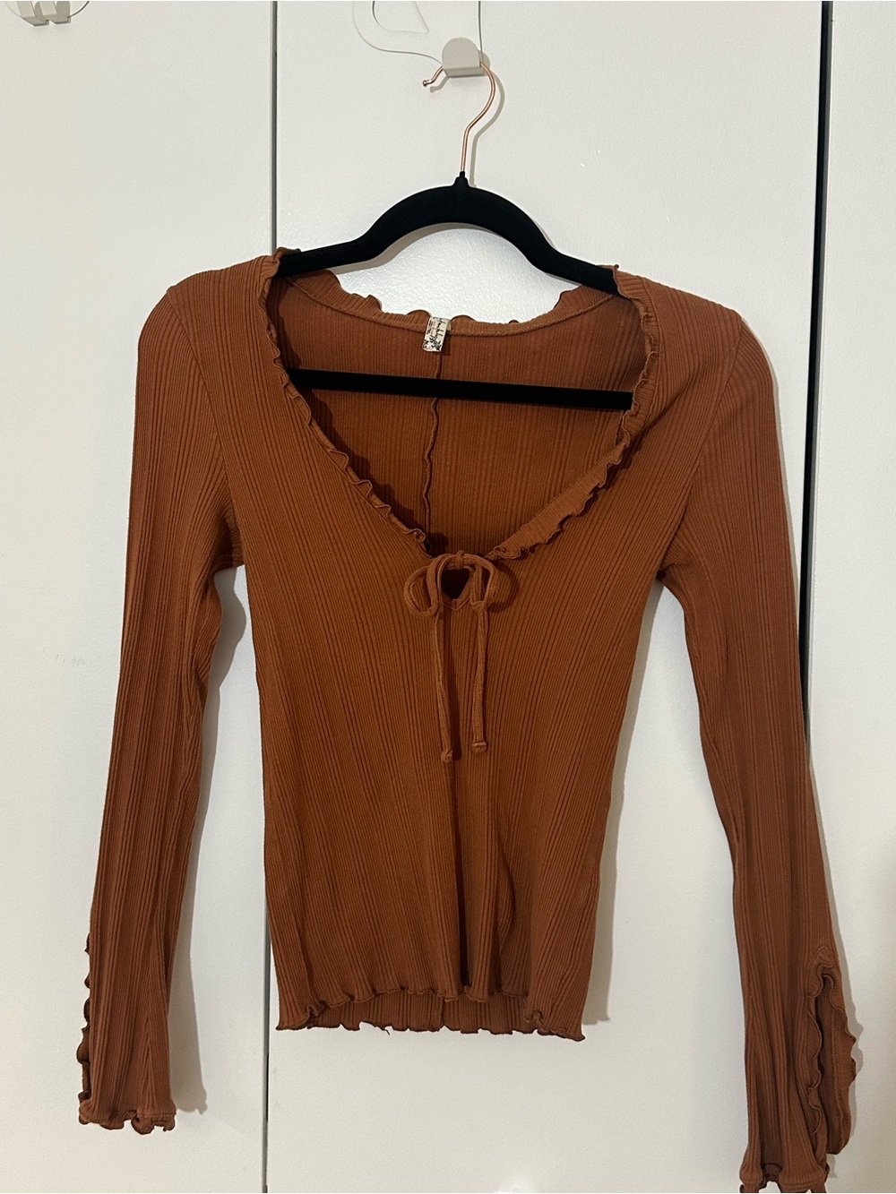 Free People Ribbed Tie-Front Long Sleeve Top - Brown